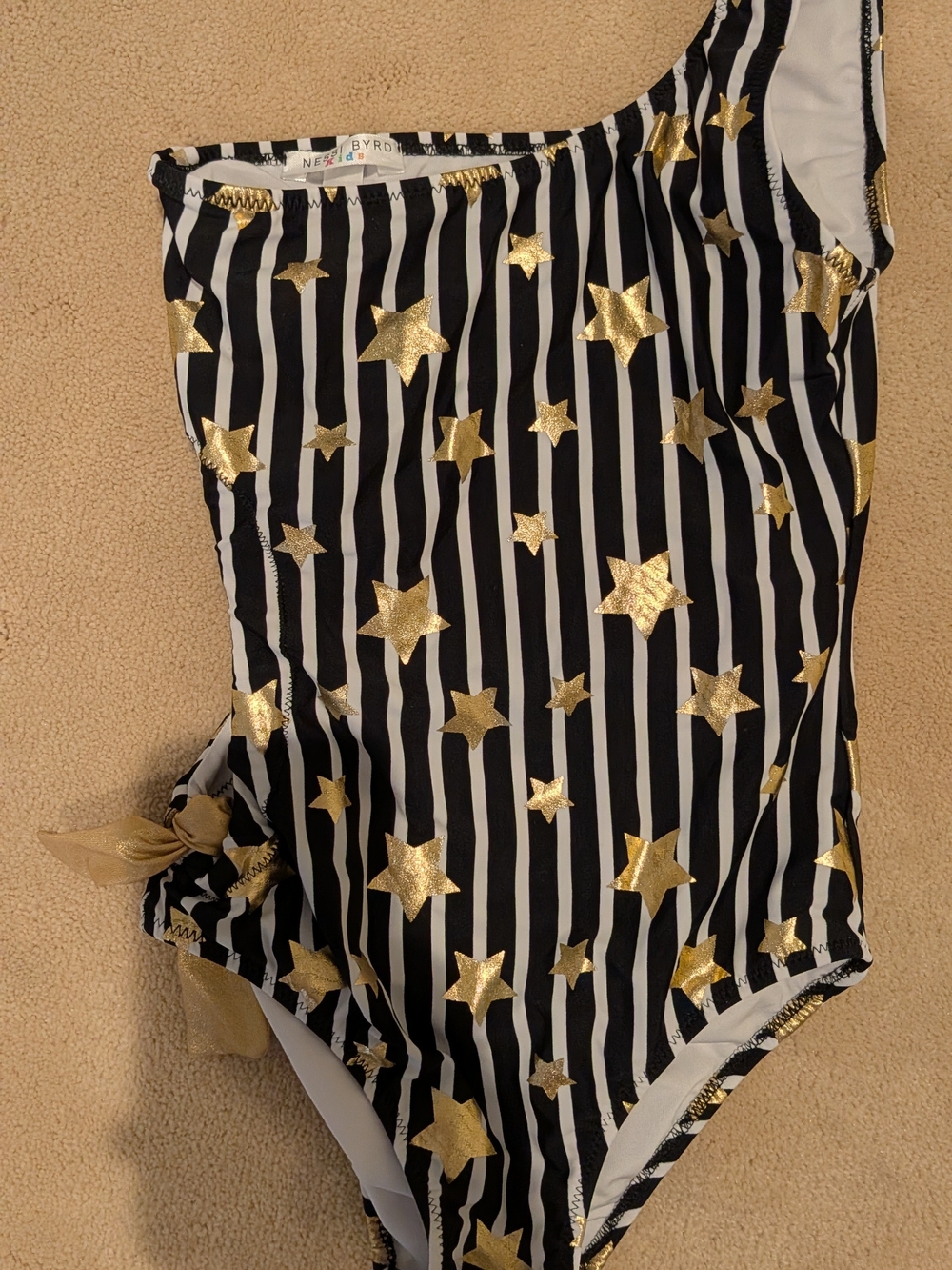 Girls' Black & White Stripe One-Shoulder Swimsuit with Gold Stars